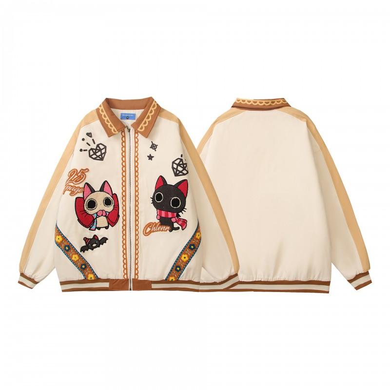 American Vintage Cartoon Embroidered Thick Jacket Winter Warm Cotton Coat Men Women