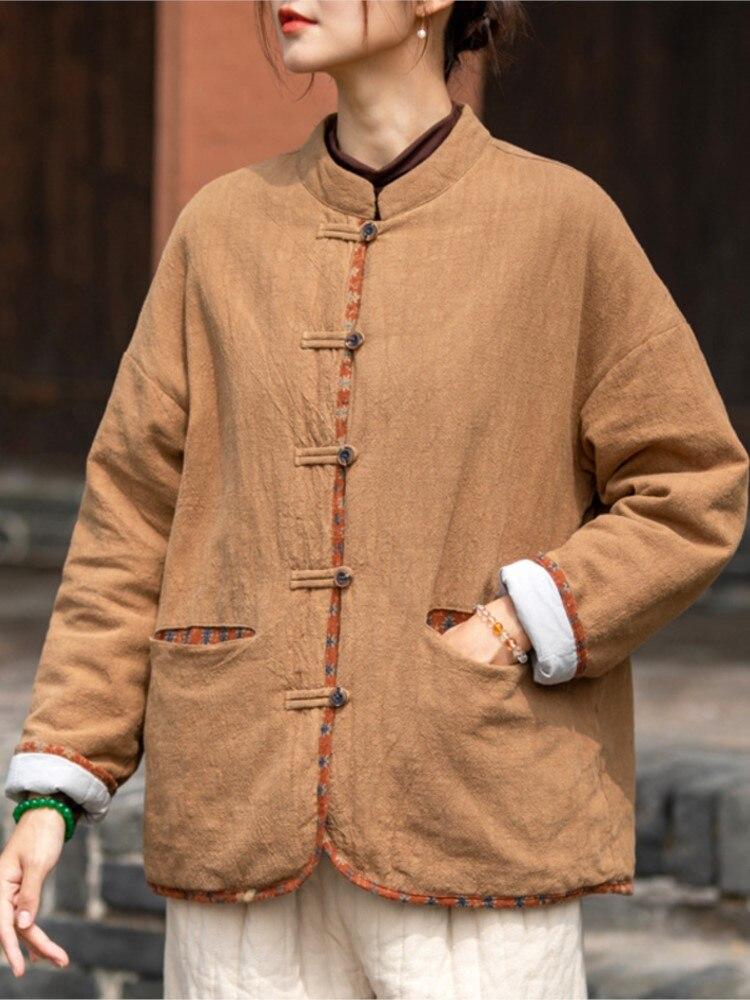 Johnature Женские льняные парки в китайском стиле с длинными рукавами и пуговицами, однотонные пальто, зимние винтажные теплые парки для женщин