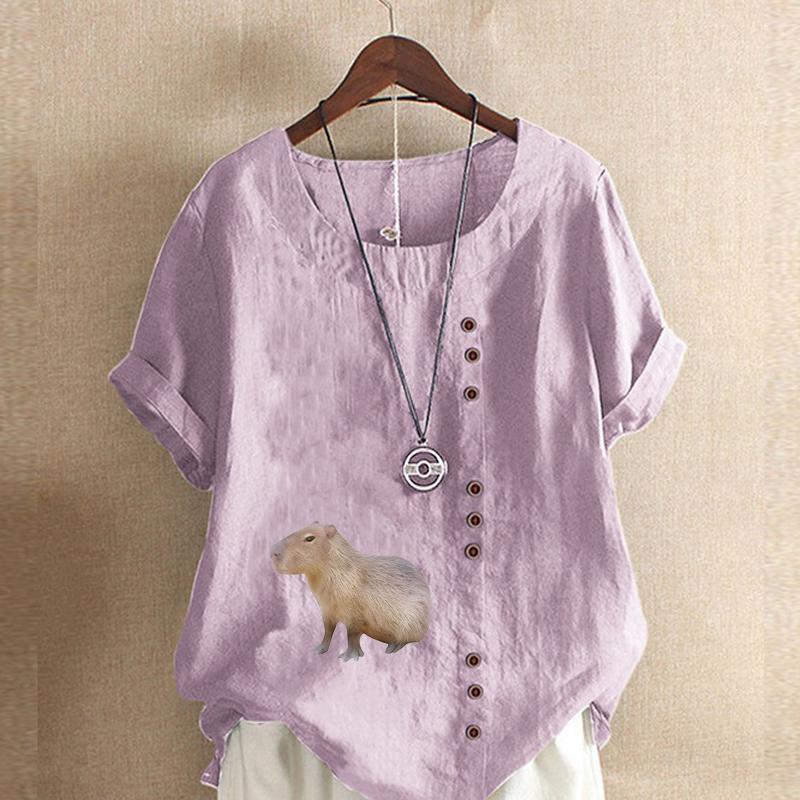 Женская мода Marmot Printed с круглым вырезом и коротким рукавом футболка повседневная хлопковая льняная рубашка с рисунком свободная летняя блузка топы