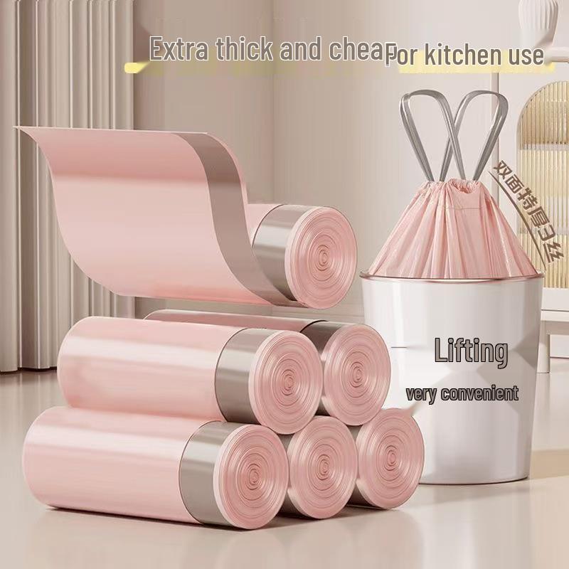 Pink Large Drawstring Thickened Garbage Bag for Household & Kitchen, Student-Friendly, with Automatic Closure
