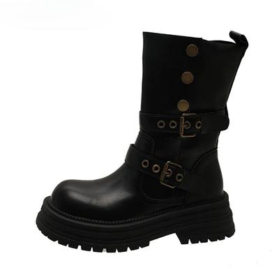 Осень Зима Пряжка для ремня Женские Рыцарские Сапоги Модная Обувь Слипоны Винтажная Платформа Квадратный Каблук Женские Ботильоны до середины икры