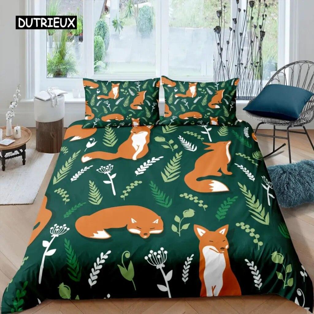 Пододеяльник с рисунком лисы, короля, королевы, комплект постельного белья с милым оранжевым животным и цветочным принтом для детей, для девочек, с цветами и растениями, 2/3 шт., полиэстер, пододеяльник, комплект из трех предметов