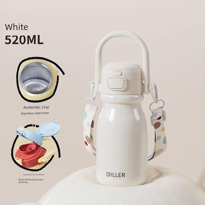 German Large-Capacity Thermos Cup for Girls, Stylish Water Bottle with Strap, Portable for Boys, Suitable for School Use, with a Straw