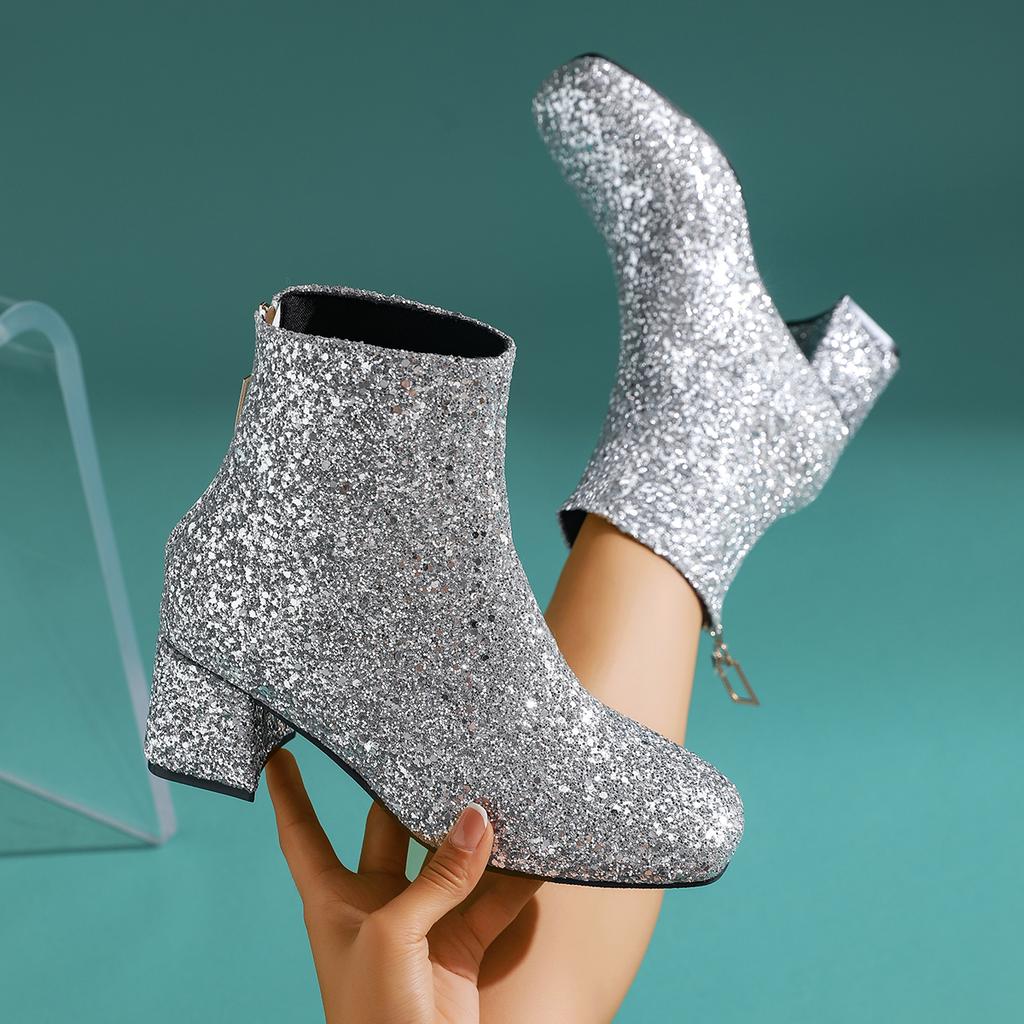 Women Ankle Boots 2025 New Fashion Sequins Round Toe Boots Women Autumn Winter Party Chunky Heels Shoes for Women Botas De Mujer