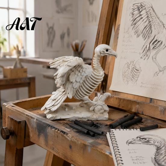 Distressed Texture Bone Figurine Halloween Vulture Skeleton Statue, Realistic Bird for Vintage Off-White Sculpture Home Decor, Spooky Tabletop