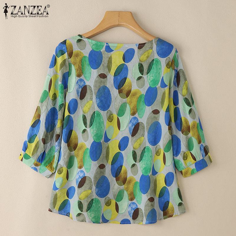 ZANZEA Women Round Neck 3/4 Sleeve Casual Print Blouse