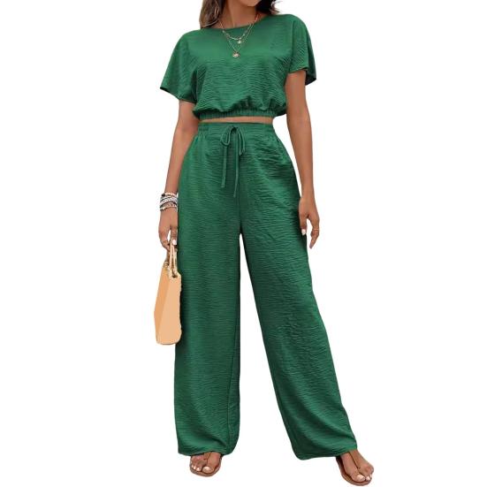 Комплект из 2 предметов: топы и брюки, О-образный вырез, короткий рукав, эластичный подол, повседневный свободный крой, однотонный, с высокой талией, длинные брюки