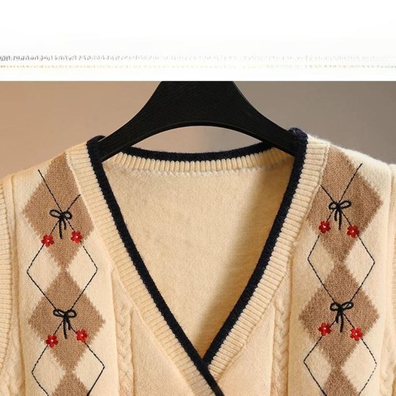 Женский вязаный жилет, кардиган с V-образным вырезом и ромбовидным узором, вышитый жилет, свободный жилет для женщин на весну и осень