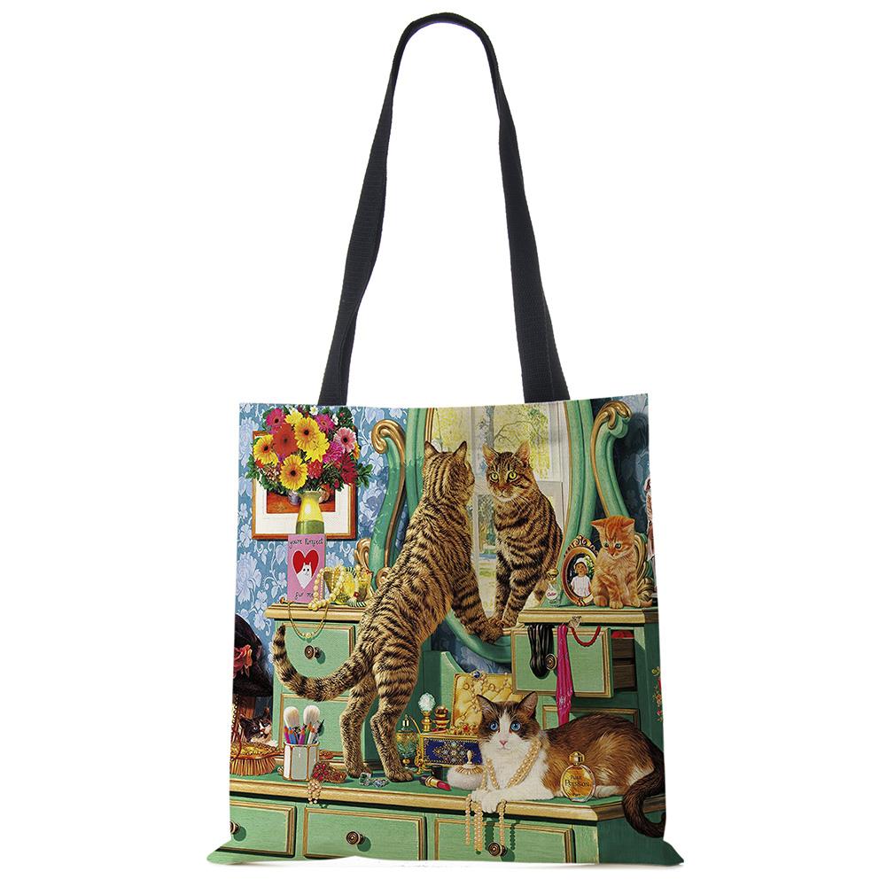 Женские дизайнерские большие сумки с принтом кота на заказ, льняная многоразовая сумка для покупок, сумки на плечо для женщин, 2020
