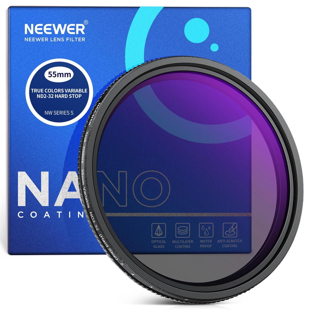 NEEWER 55mm True Color Variable ND Filter Hard Stop Limited Neutral Density Filter HD Optical X Proof ND2-32 (1-5 Stop) Multi-coated Glass/No