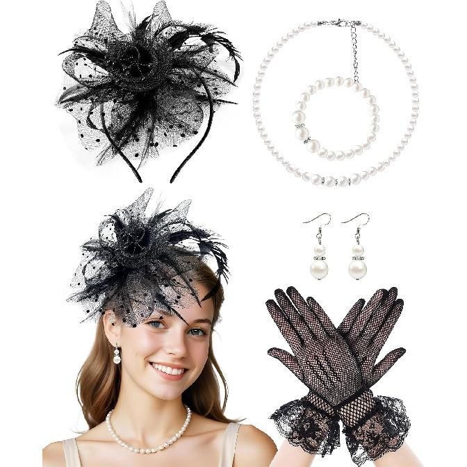 Fascinator Hat for Women Tea Party Headband Tea Party Headpiece and Lace Glove Set for Women 1920s Party