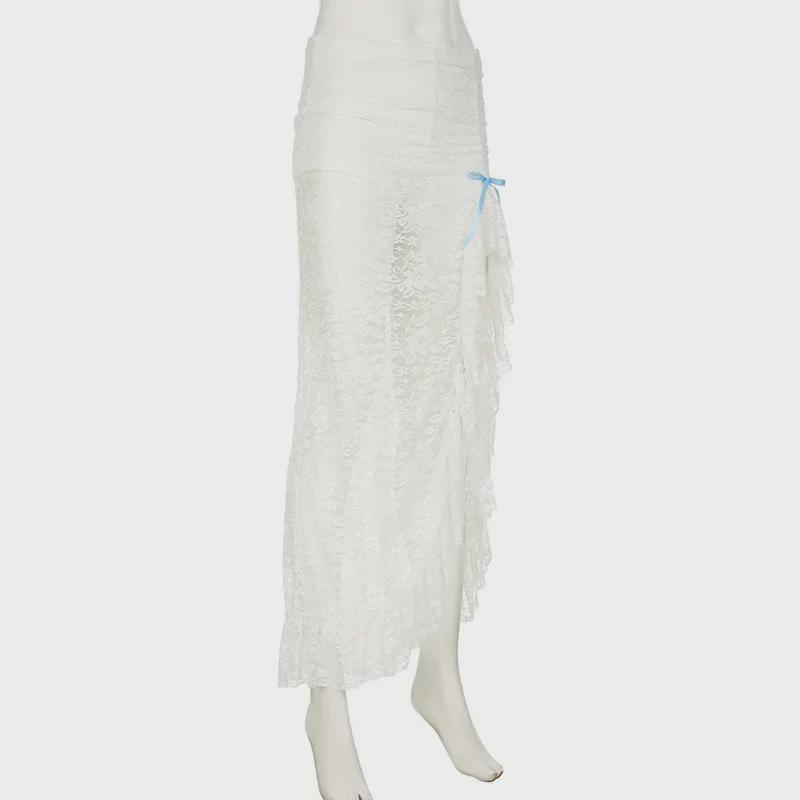 2024 Elegant Lace Slit Skirt with Bowknot & Ruffles