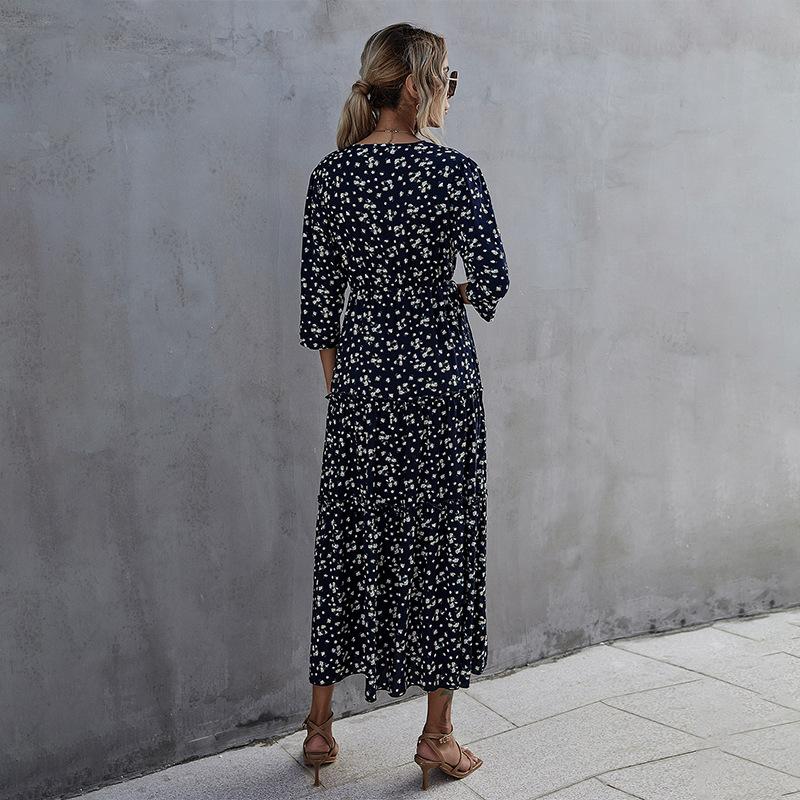 Летнее платье макси с принтом, длинное, тонкое, с V-образным вырезом, высокой талией, половиной рукава, темно-синее, SML XL