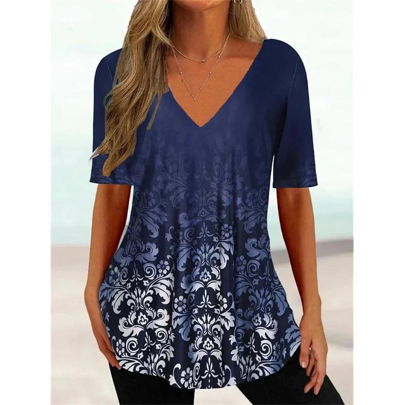 Plus Size Simple Women's T-shirt 3d Wave Curve Tee Fashion V-neck Summer Short Sleeve Loose Streetwear Female Clothes Casual Tshirt Ladies