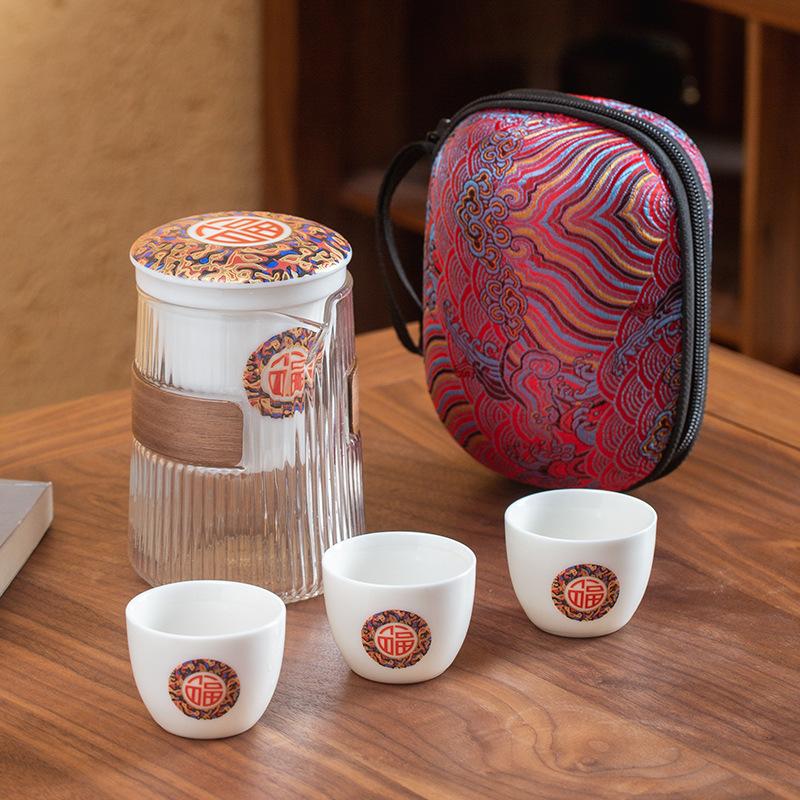 Чайный набор для путешествий на открытом воздухе Quick Cup, переносная сумка, антипригарное стекло, баранина, нефрит, фарфор, набор для кунг-фу, одна кастрюля, три чашки