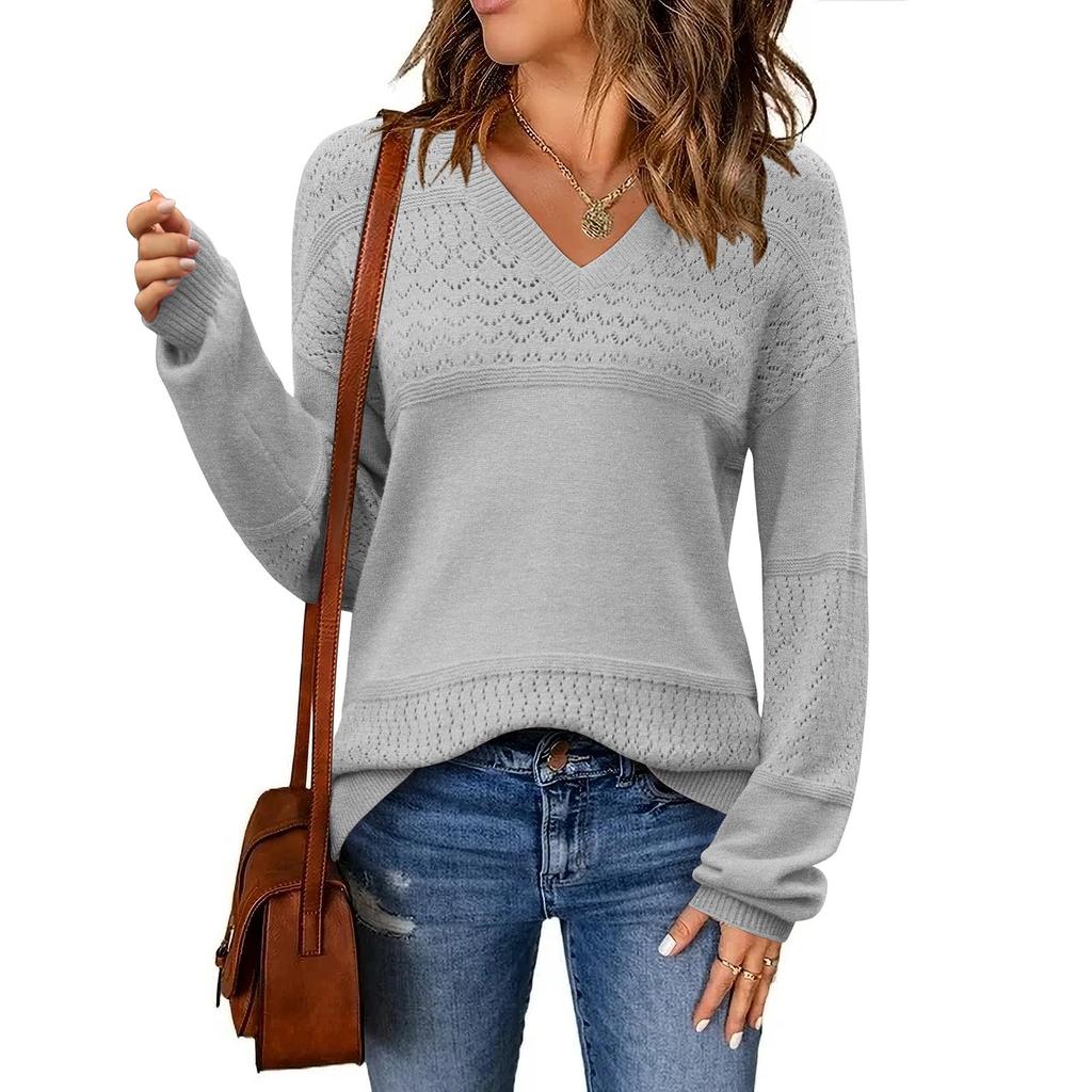 Women's Loose Knitted Sweater With V-Neck Hollowed Out Pullover Long Sleeved Solid Color Top