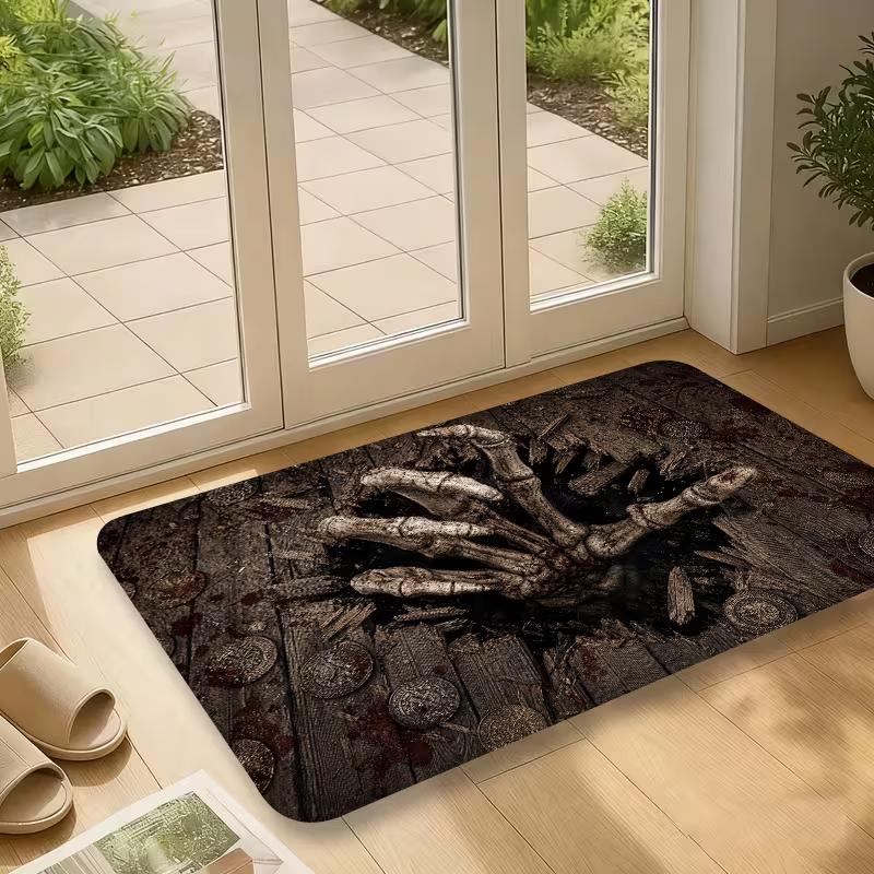 2D Flat Printing, Halloween Scary Skull Hand Mat, Non-Slip Easy Clean Polyester Carpet Suitable for Home and Outdoor Decor Mats