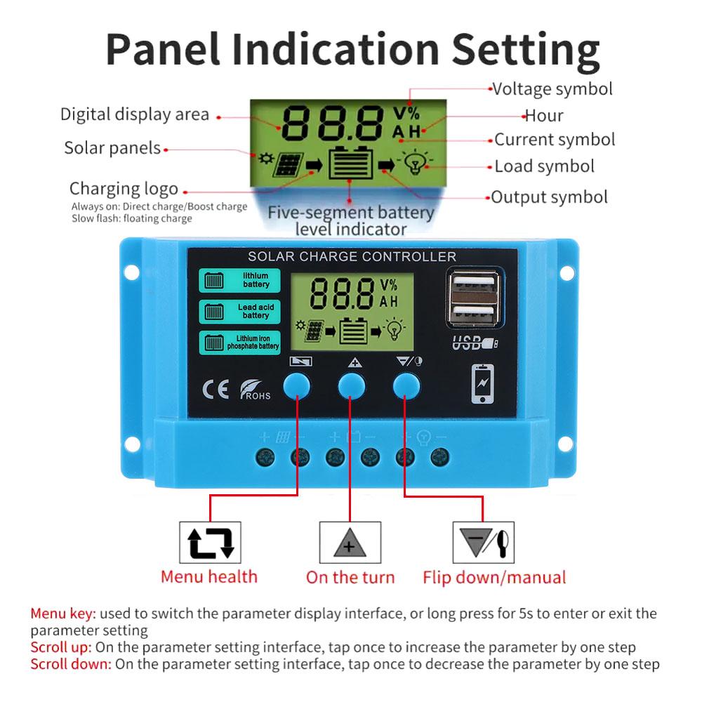 ЖК-дисплей ШИМ Зарядное устройство для аккумулятора Двойной USB 30A 20A 10A Солнечный контроллер 12В/24В Авто 5В Выход Солнечный регулятор
