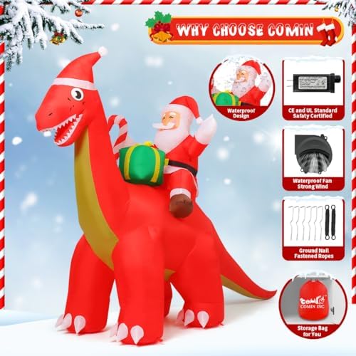 COMIN 8.5ft Long Outdoor Indoor Christmas Decorations Santa Claus Riding Dinosaur Inflatable Decorations Christmas Decorations
