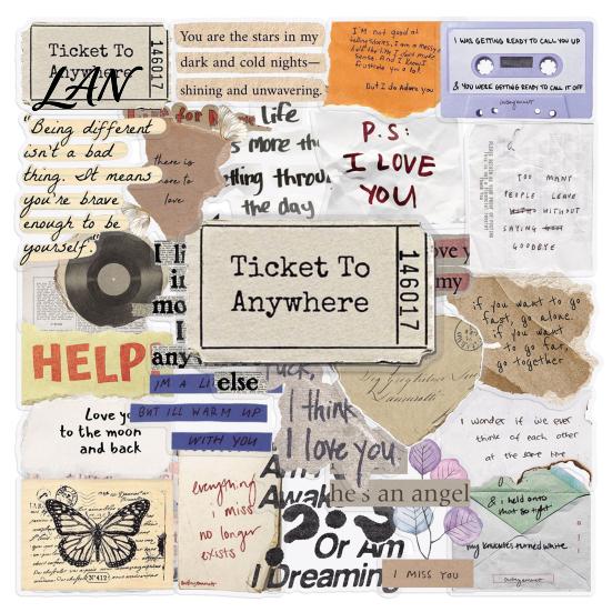 Waterproof Planner Decorative Labels 50 Pcs Vintage Torn Paper Word Fragment Stickers, English Text Decals, Old Fashioned Collage Supplies Retro