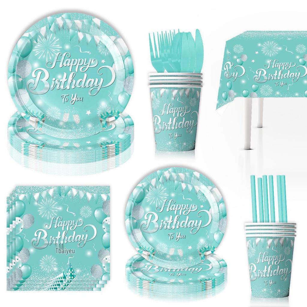 Украшения для вечеринки в честь дня рождения в цвете Тиффани: Бумажные тарелки, флажки и салфетки