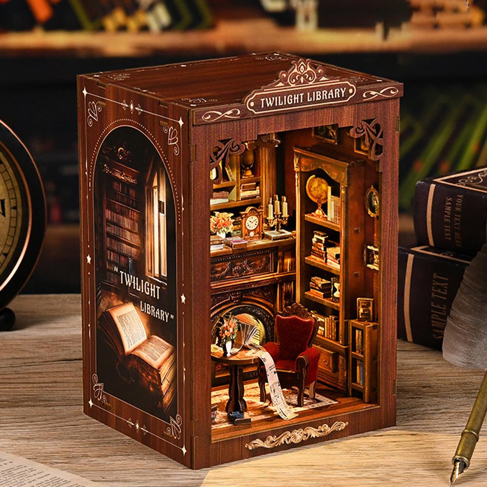 DIY книжный уголок, миниатюрный деревянный кукольный домик со светом, вставка-полка для книг, модель-украшение для книжного магазина, воспоминания, 3D-пазл для сборки