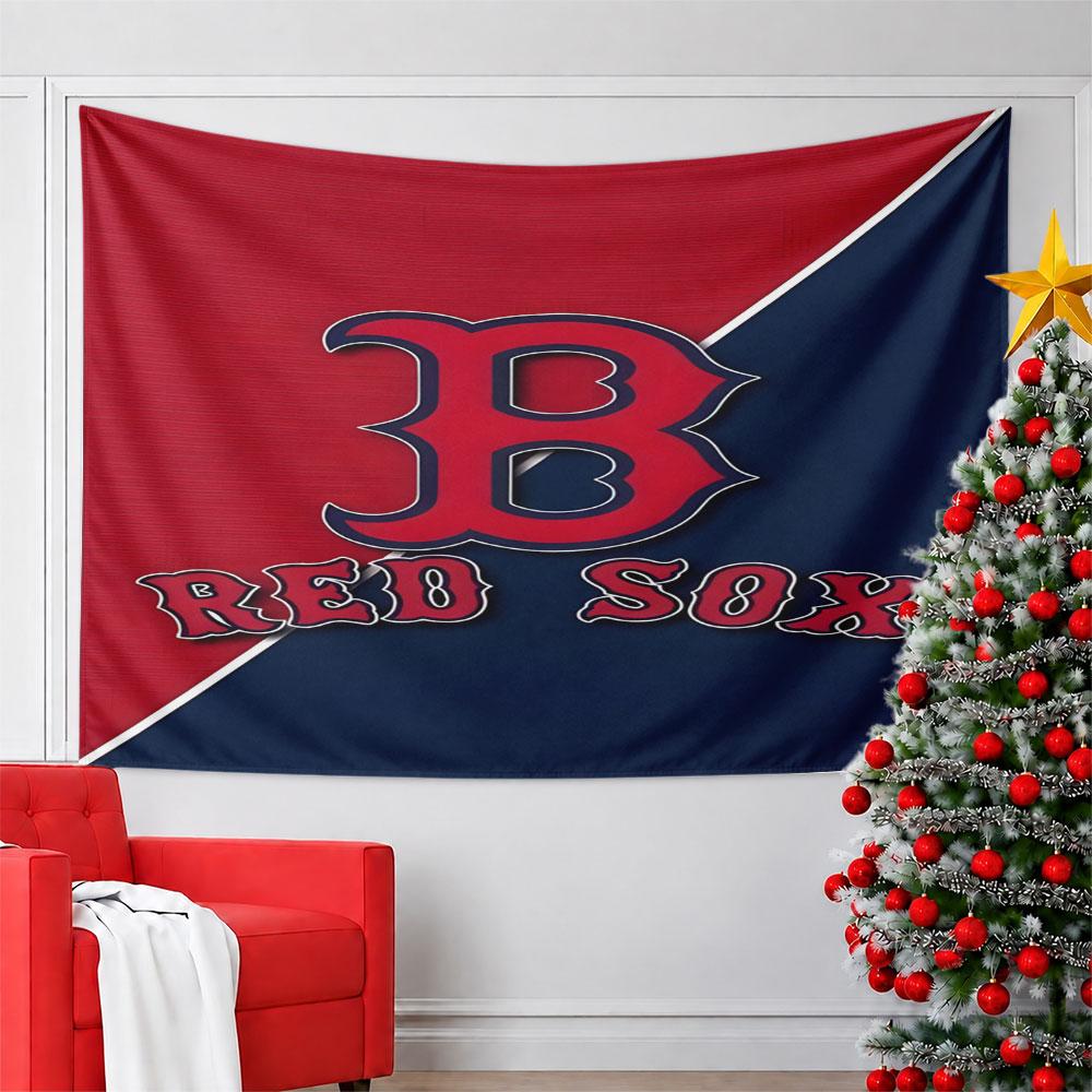 Red Sox Logo on Red and Blue Pattern Wall Hanging Tapestry Decorative Tapestry Home Decor for Bedroom and Living Room