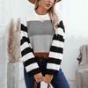 Knitted Sweater Round Neck Striped Contrasting Color Knitted Pullover Sweater for Women
