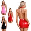 Women Shiny Patent Leather Mini Dress Deep V Neck Sleeveless Bodycon Party Club Dresses