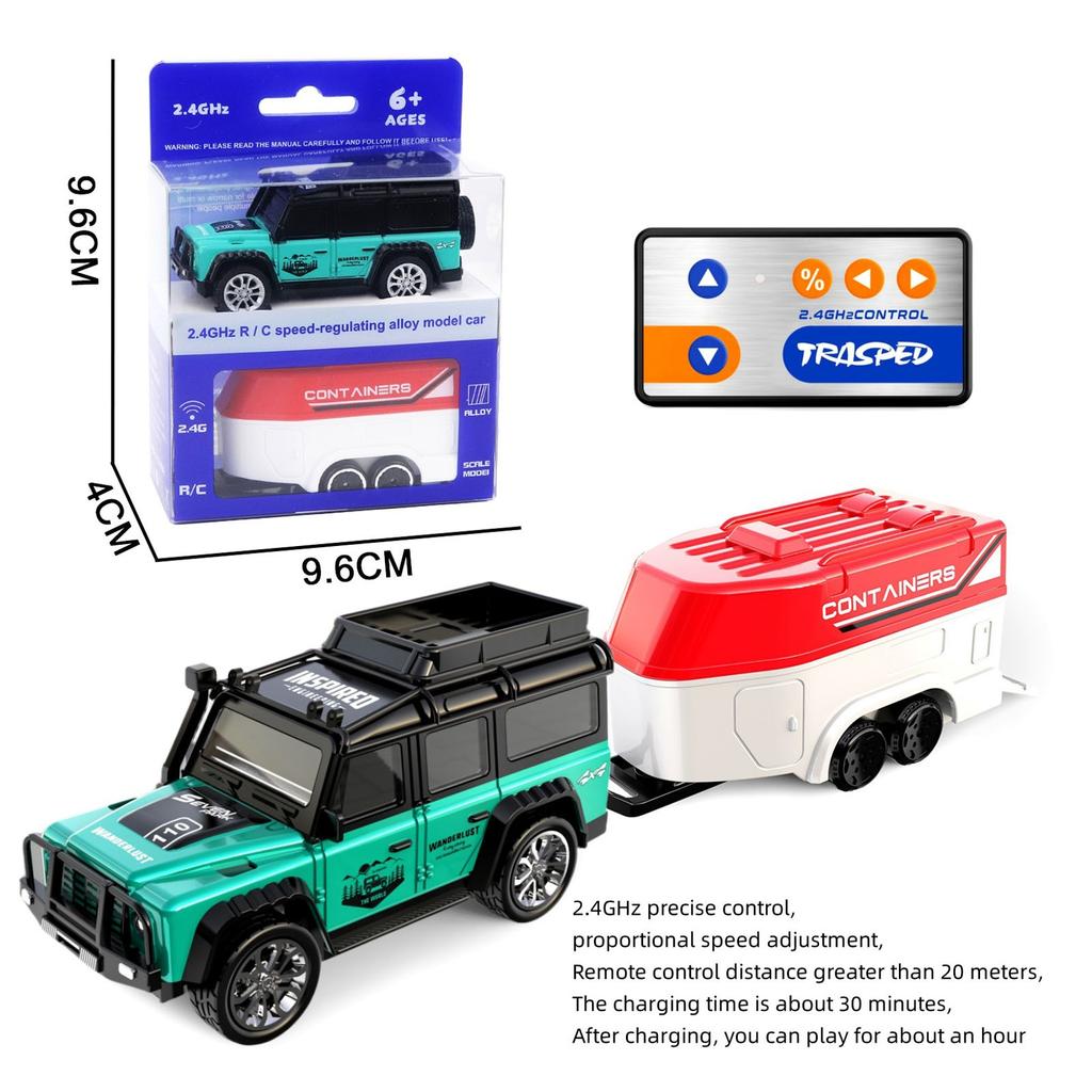 Remote Control Small Car, 1:64 Scale Off-Road RC Car, USB Rechargeable 2.4GHZ Three Speed Indoor Alloy Vehicle (8801B With Trailer)