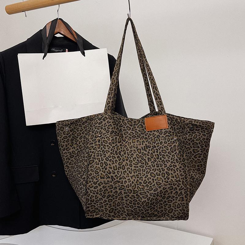 Yogodlns Женские холщовые винтажные сумки через плечо с леопардовым принтом, большой емкости, для отдыха, шопинга, поездок на работу, сумка-тоут