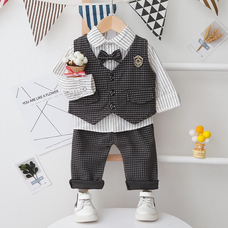 Весенне-осенний костюм для малыша в гусиную лапку 2024: Жилет, рубашка с длинным рукавом и брюки