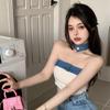 Джинсовый укороченный топ без бретелей с пэчворком "Spicy Girl" - Сексуальный, облегающий, на одно плечо