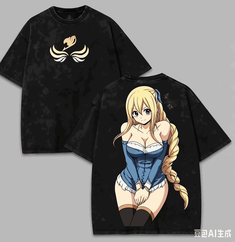 2026 Summer Fairy Tail Lucy Heartfilia Vintage Washed Printed Loose Pure Cotton Short Sleeve Unisex Fan T-shirt