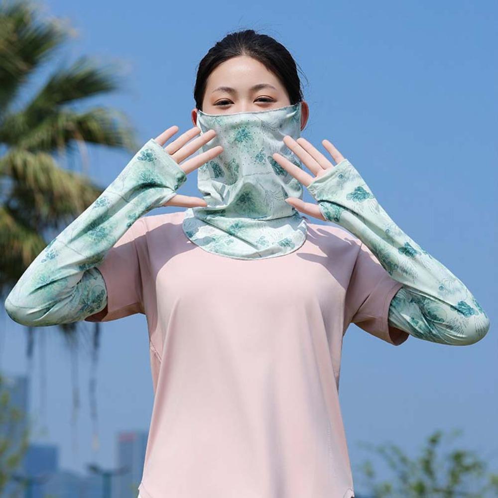 3pcs Breathable Floral Ice Silk Mask UPF50+ Elastic Sunshade Arm Cover Tube Scarf Neck Scarf Women Sunscreen Veil Outdoor