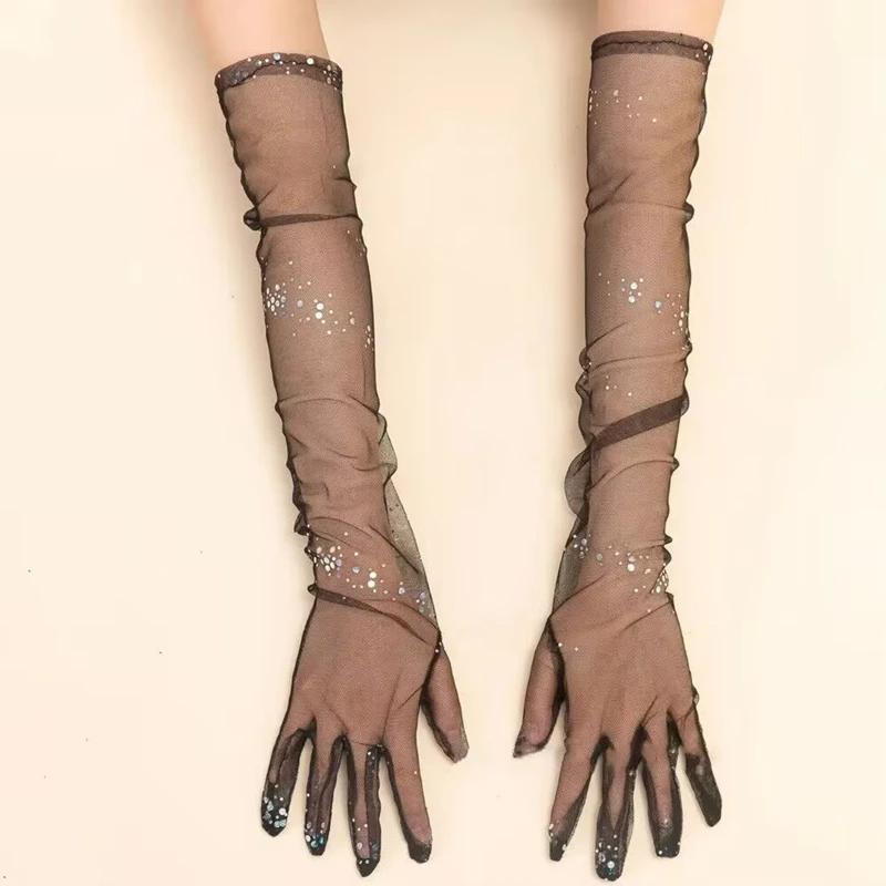 Fashion Thin Bridal Etiquette Gloves Stage Feather Sleeves Long Stretchy Elbow Tulle Opera Gloves Costume Evening Party Gloves