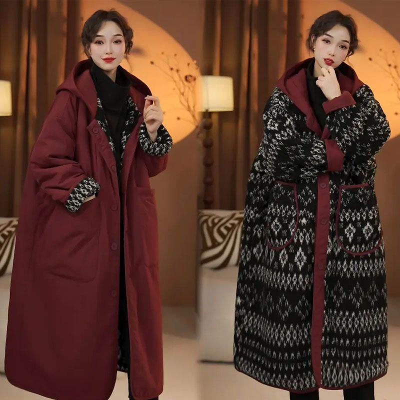 Женское двустороннее хлопковое стеганое пальто Fair Isle с капюшоном из шерпы, длинное, винтажное, теплое, двухстороннее