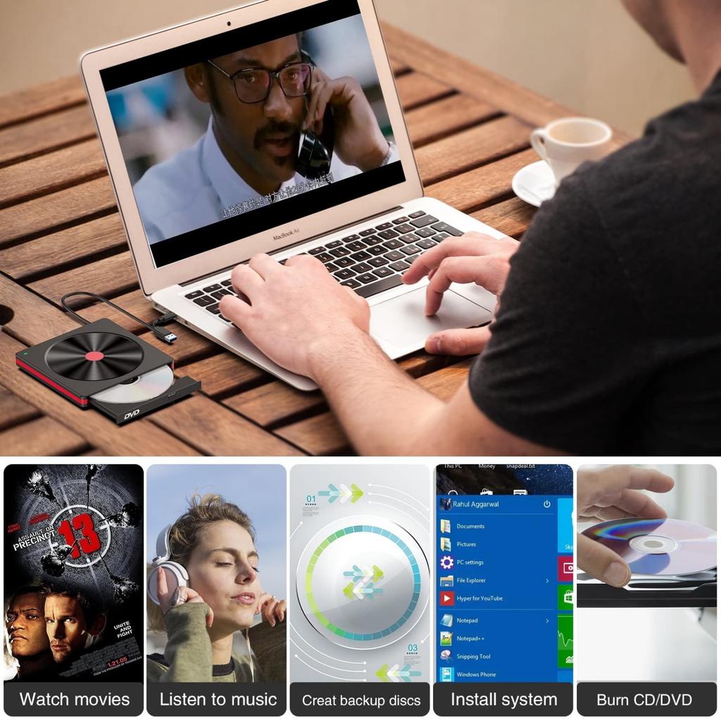 Внешний CD/DVD привод, USB 3.0 CD DVD +/-RW записывающее устройство CD-ROM Внешний DVD-привод CD-ридер DVD-плеер для ПК ноутбука настольного компьютера