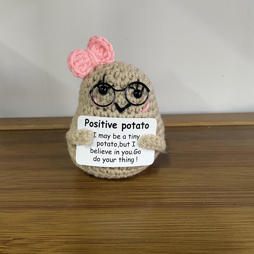 Positive Crochet Bowknot Potato Doll with Affirmation Card Home Room Decor Funny Handmade Big Butt Potato Doll Christmas Gifts
