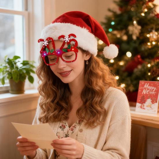 Yousheng 2026 LED Light Up Christmas Glasses Lighted Party Eyewear for Kids Adults Glow Light Up Photo Props for New Year Celebration