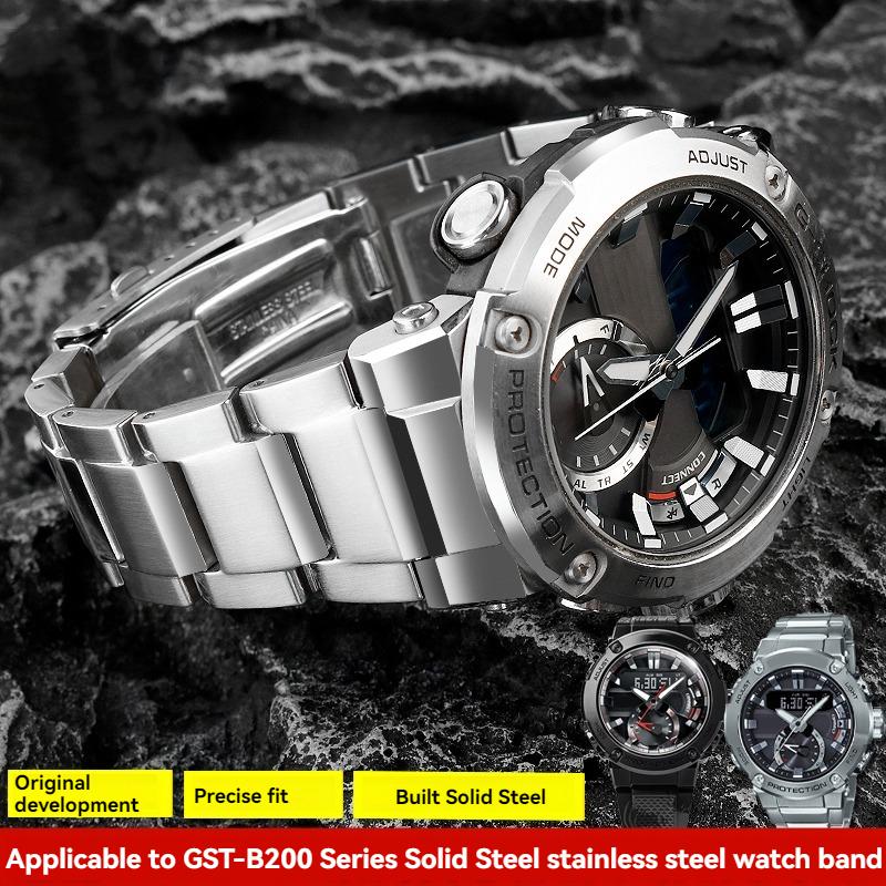 Ремешок для часов из нержавеющей стали для Casio G-Shock GST-B200/B200D | Браслет шириной 24x16 мм у крепления | Мужской серебристый/черный металлический ремешок