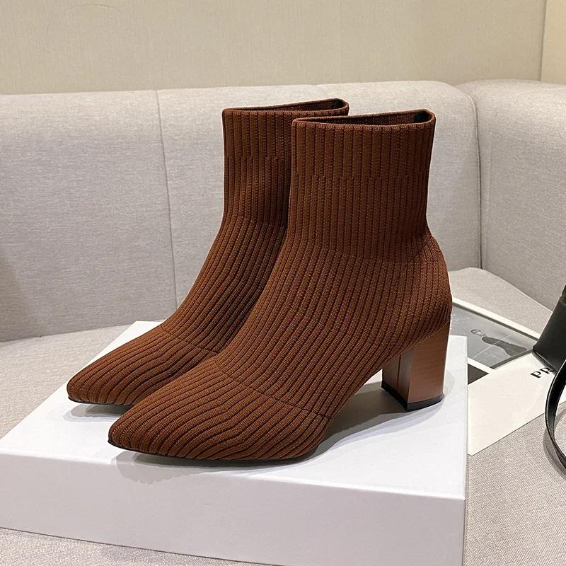 Мода Зима Вязаные Носки Ботильоны Женская Обувь Высокие Каблуки Острый Носок Ботильоны Бренд 2025 Тренд Новый Комфорт Элегантное Платье Ботас Мухер