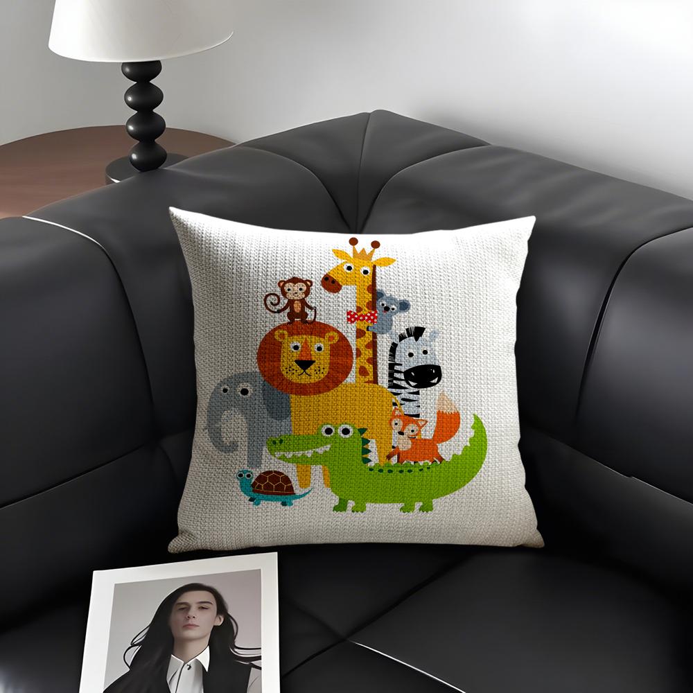 Cartoon Animals Cushion Cover Natural Linen Organic Fabric DoubleSided Printing Sofa Home Decor Gift Pillow Case