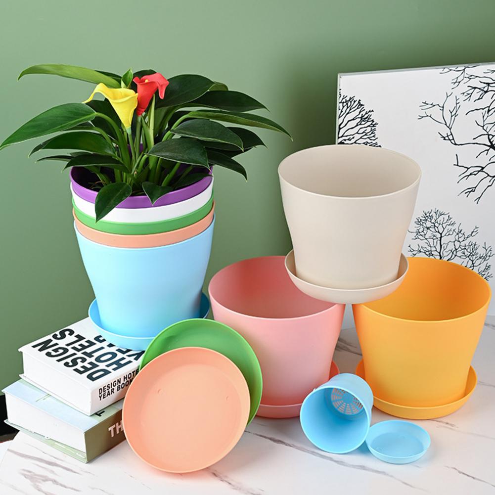 2Pcs Flower Pot Colorful Round Large Mouth PP Drainage Holes Plant Container With Saucer Lightweight Thick Nursery Pot