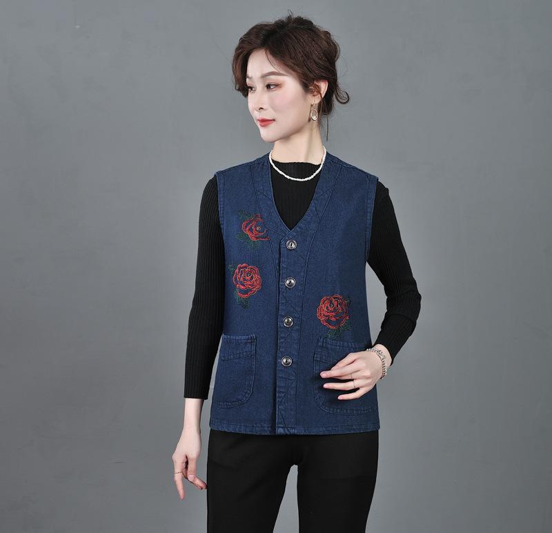 Spring and Autumn Denim Vest Women's Dark Blue Middle-aged Mother Vest Vest Large Size