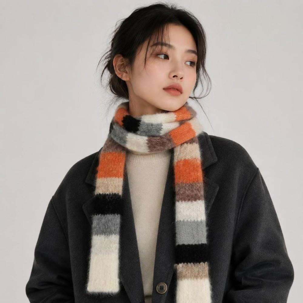 Warm Color Splicing Striped Knitted Scarf Y2K Style Long Narrow Scarves Daily Use