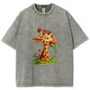 Cartoon Giraffe Eating Leaves Print Women T-Shirt Washed Denim Comfortable Oversized Short Sleeve Cute Design Top