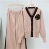 Autumn And Winter Sweater Suit V Neck Cardigan Top Loose Wide Leg Pants Two Piece Set