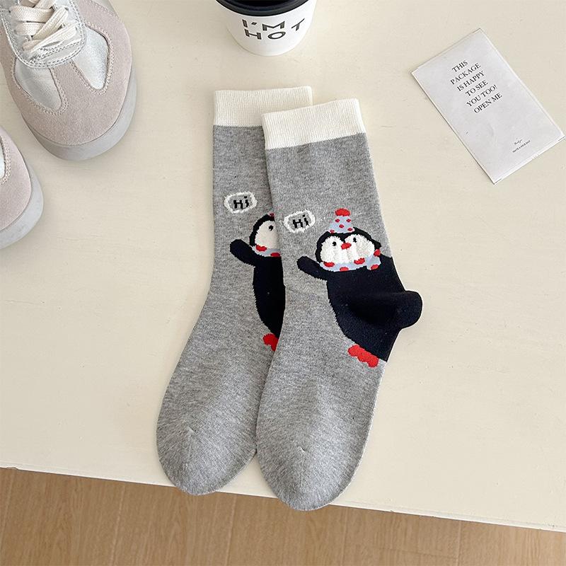 Penguin Socks Medium Tube Socks Tide Cartoon Embroidery Flocking Lace Cute Pure Cotton Stacking Socks