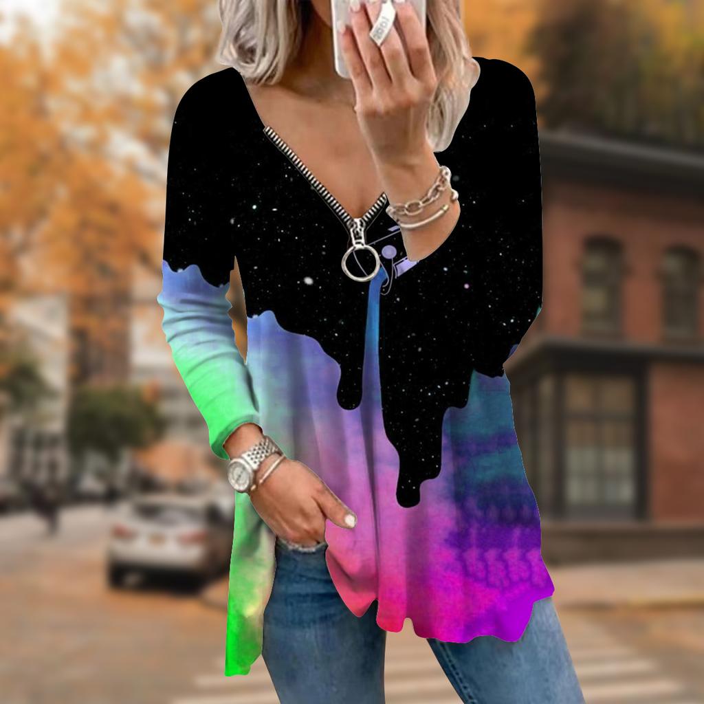 Women Autumn Bucket Pigment Printed Long Sleeve T-Shirts Loose V-Neck Plus Size Tee Shirt Tops Comfy Blouse